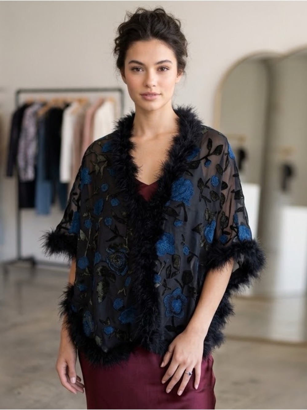 Chiffon Floral Velvet Marabou Feather Capelet Poncho - O/S